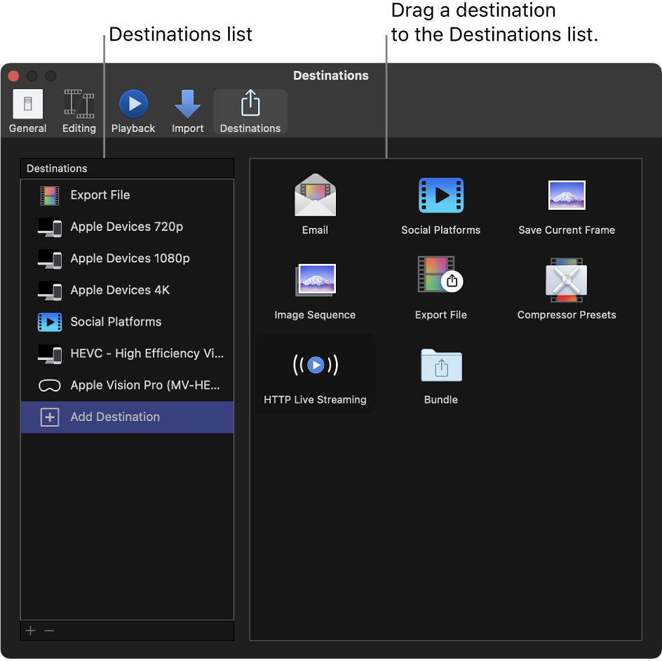 The Destinations pane of the Final Cut Pro Settings window showing Add Destination selected in the list on the left