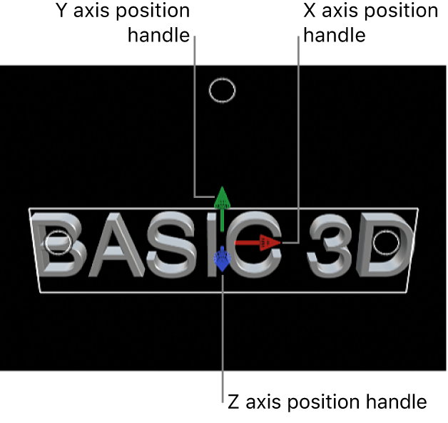 A 3D title in the viewer, with position handles for the X, Y, and Z axes