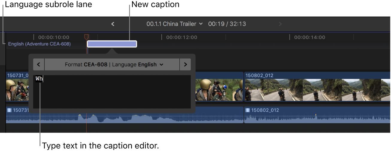 Text being typed in the caption editor in the timeline
