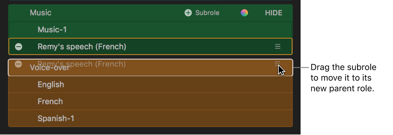 The role editor showing a subrole being dragged from one role to another