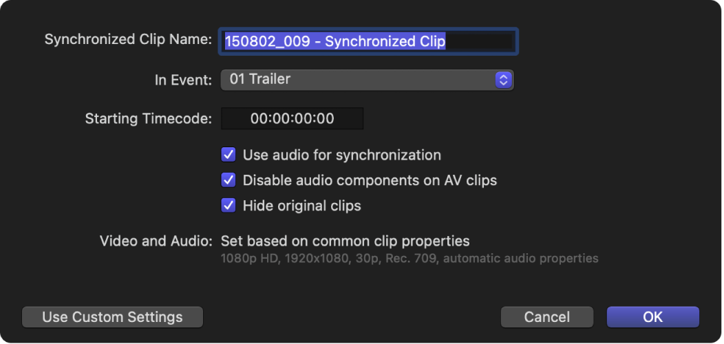 The automatic settings for syncing clips