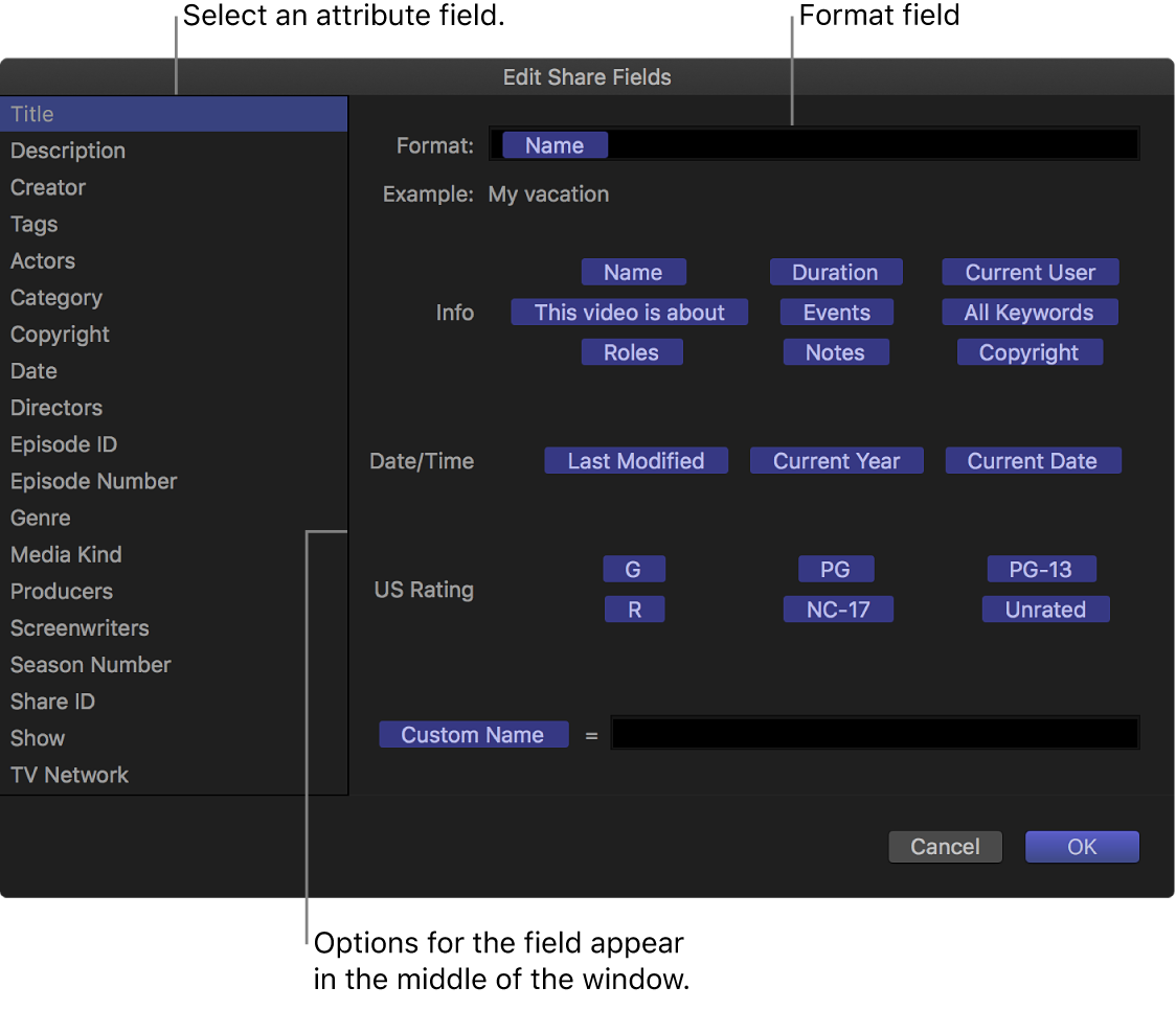 The Edit Share Fields window