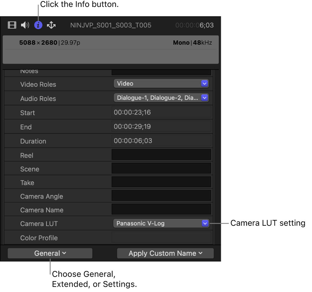 The Info inspector showing the Camera LUT setting available in the General metadata view