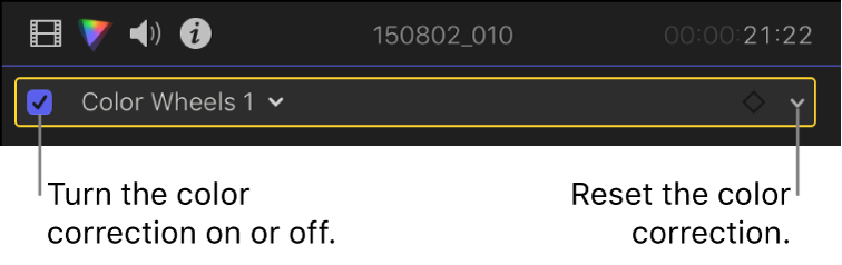 The Color inspector showing a color correction effect with a checkbox on the left and a pop-up menu on the far right