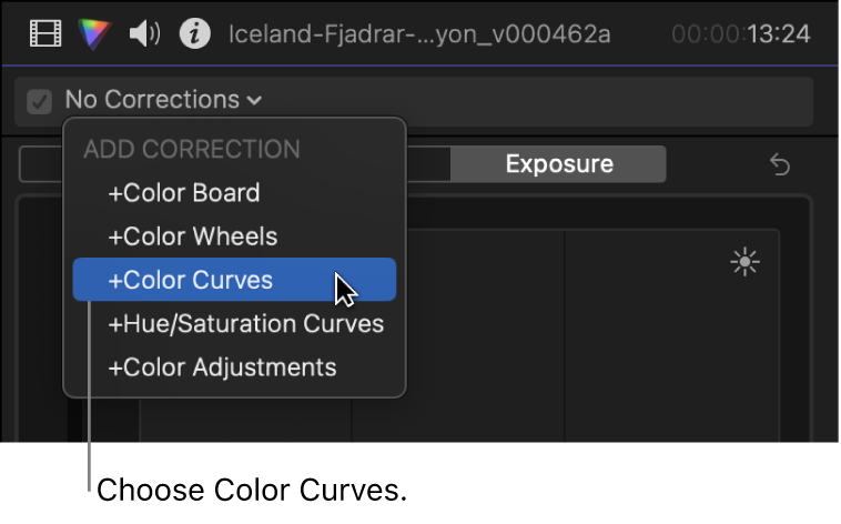 Color Curves being chosen from the Add Correction section of the pop-up menu at the top of the Color inspector