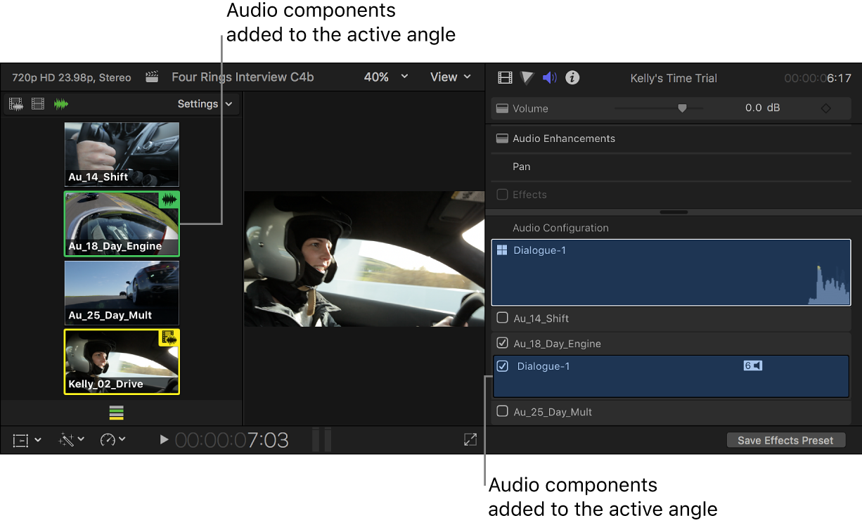 Added audio components shown highlighted in the angle viewer and the Audio inspector