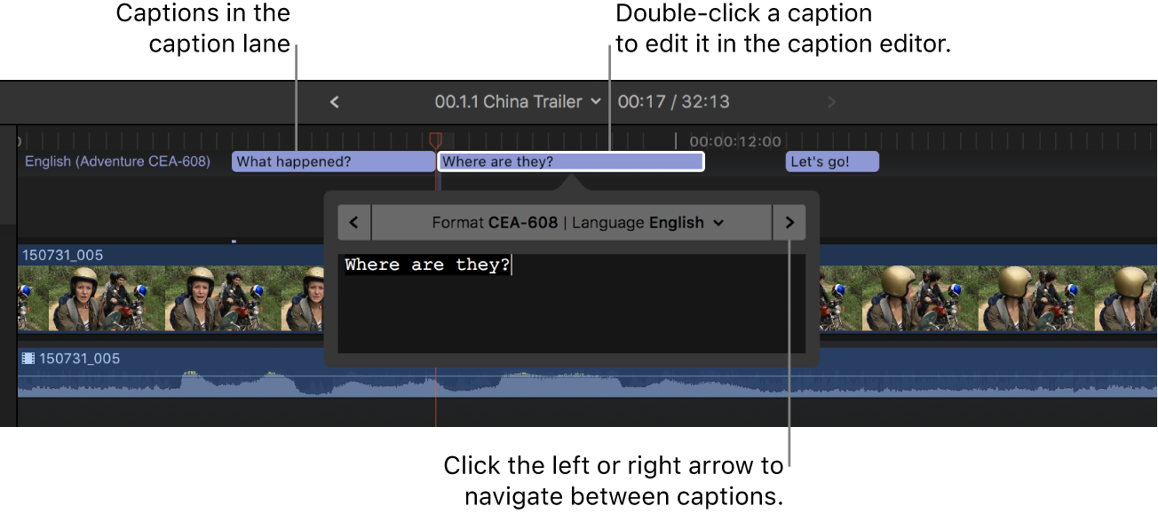 The caption editor and three captions in the timeline
