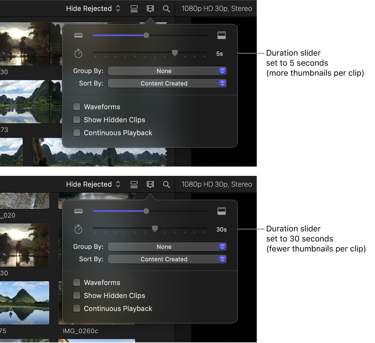 A comparison of the visual length of filmstrips in the browser when the Duration slider is set to 5 seconds and 30 seconds