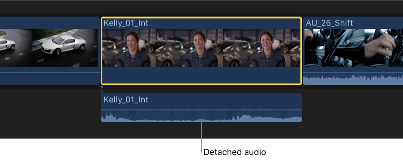 A clip in the timeline with the audio portion detached but still connected to the video portion