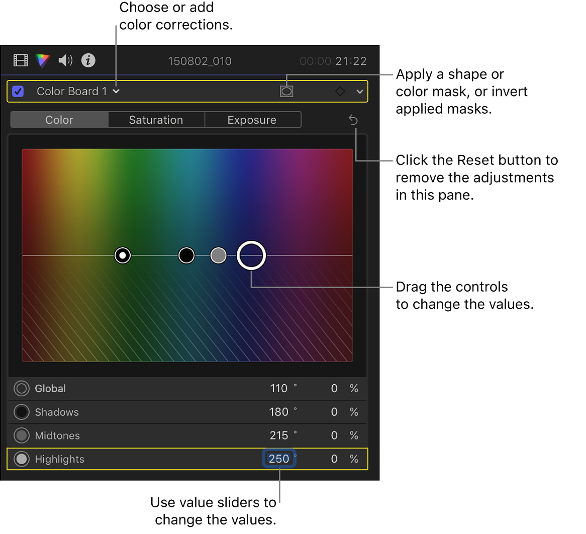 The Color inspector showing controls in the Color pane of the Color Board