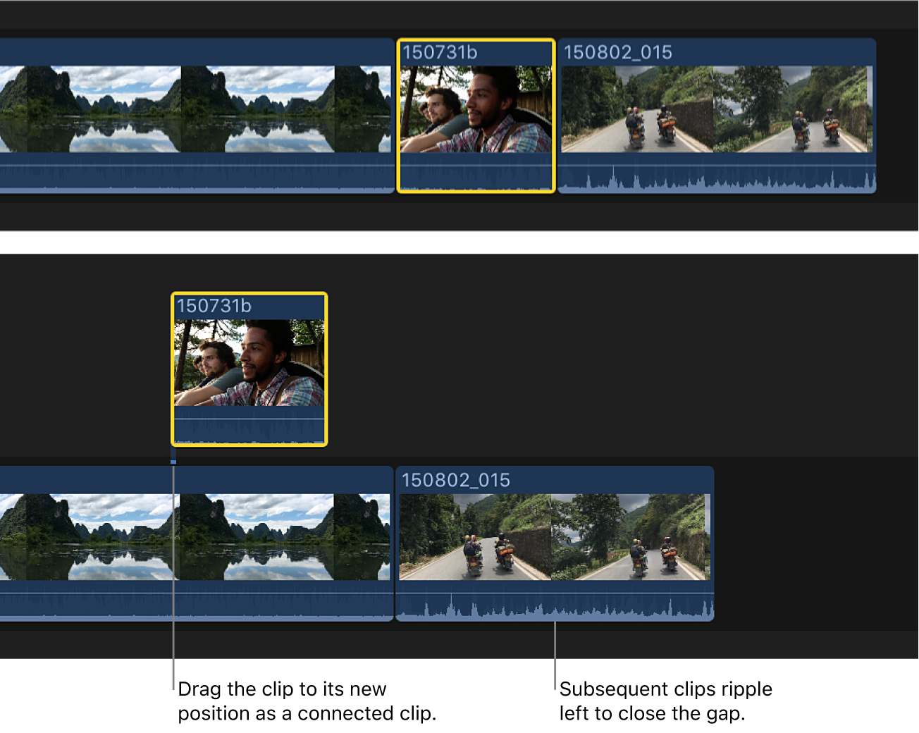 Arrastre de clip en la línea de tiempo desde el argumento principal a una nueva posición como clip conectado, lo que provoca el desplazamiento hacia la izquierda de los clips posteriores en el argumento principal para ocupar el espacio