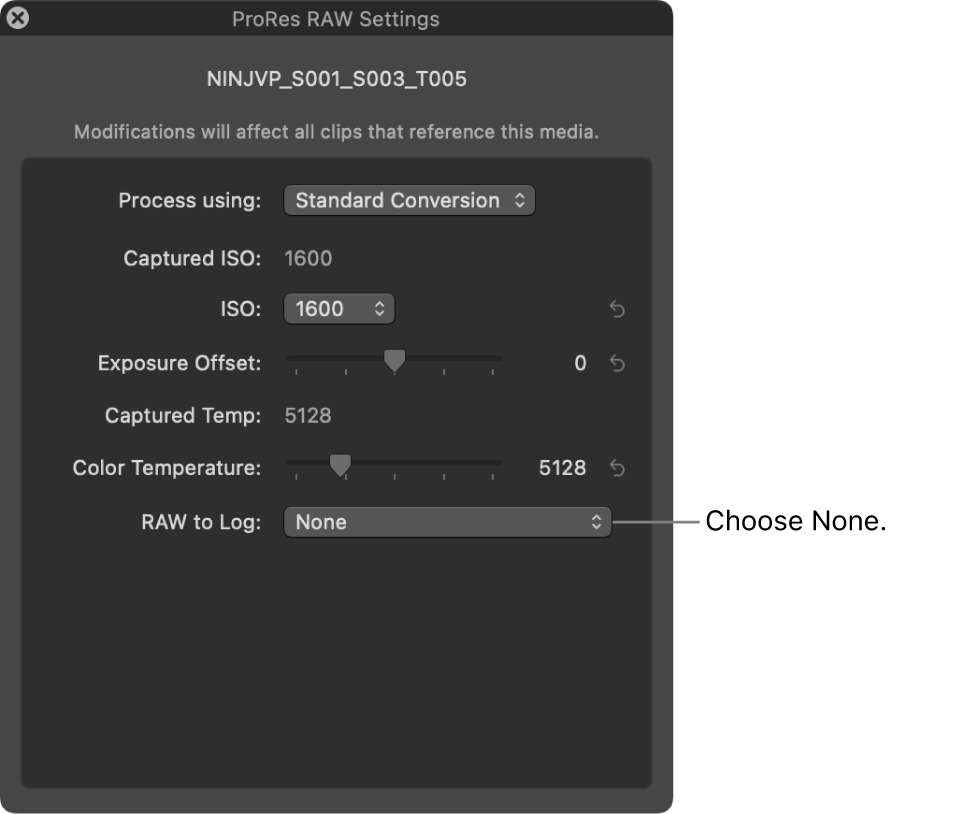 La ventana “Ajustes de ProRes RAW” con la opción “RAW a logarítmico” definido en Ninguno