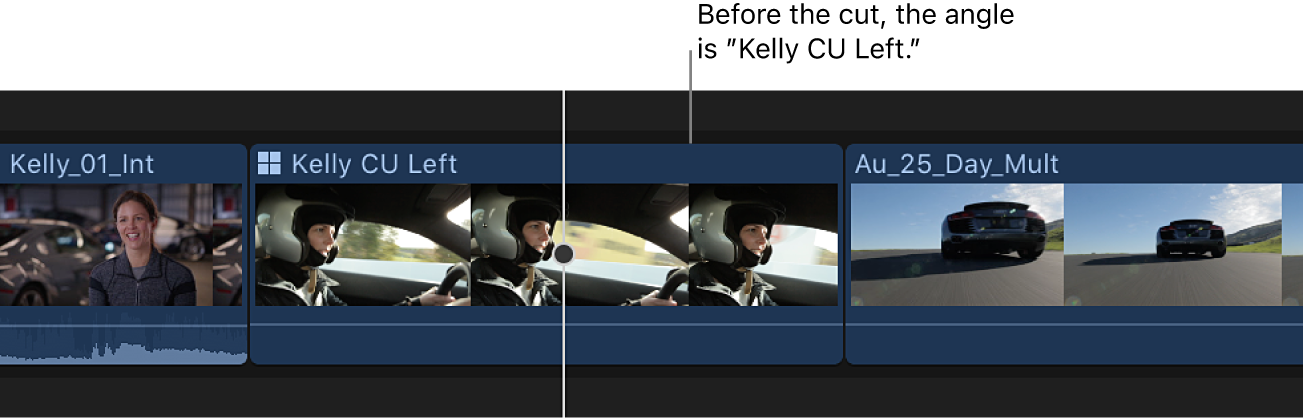 Un clip Multicam en la línea de tiempo antes de un cambio de ángulo