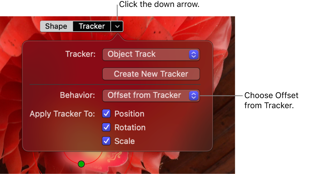 El botón Rastreador y la flecha hacia abajo en la parte superior del visor, con los controles del rastreador debajo y el menú desplegable Comportamiento configurado como “Desviación del rastreador”.