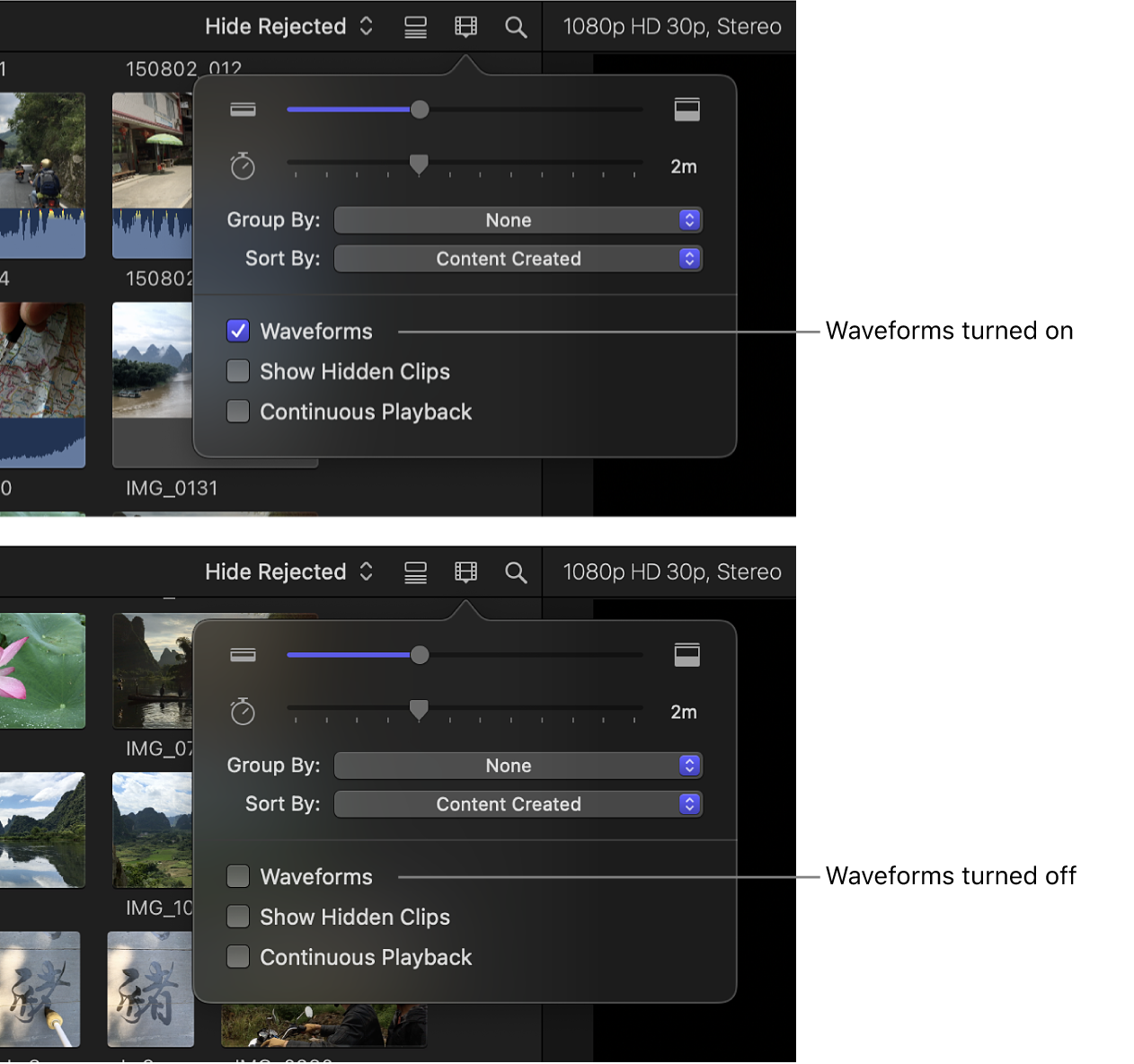 Tiras de fotogramas en el explorador antes y después de desactivar las ondas de audio con la opción Ondas