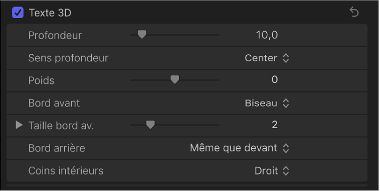 Section Texte 3D de l’inspecteur de texte