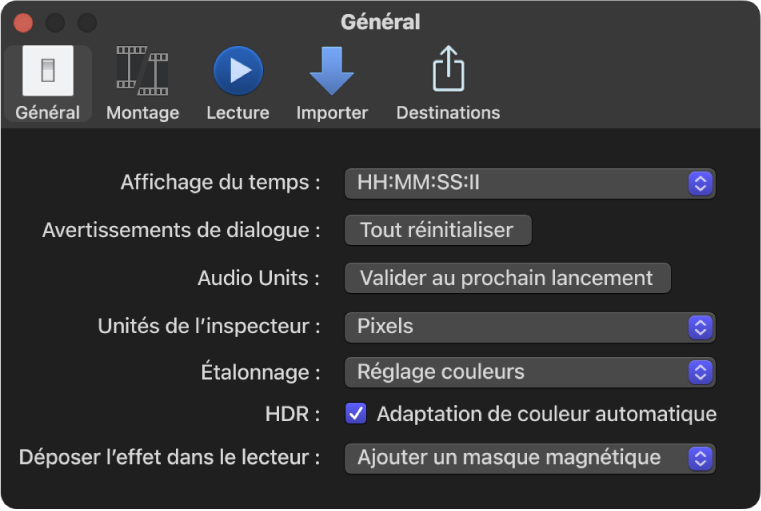 Sous-fenêtre Général de la fenêtre Réglages de Final Cut Pro