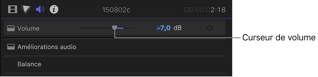 Curseur de volume dans la section Volume et balance de l’inspecteur audio