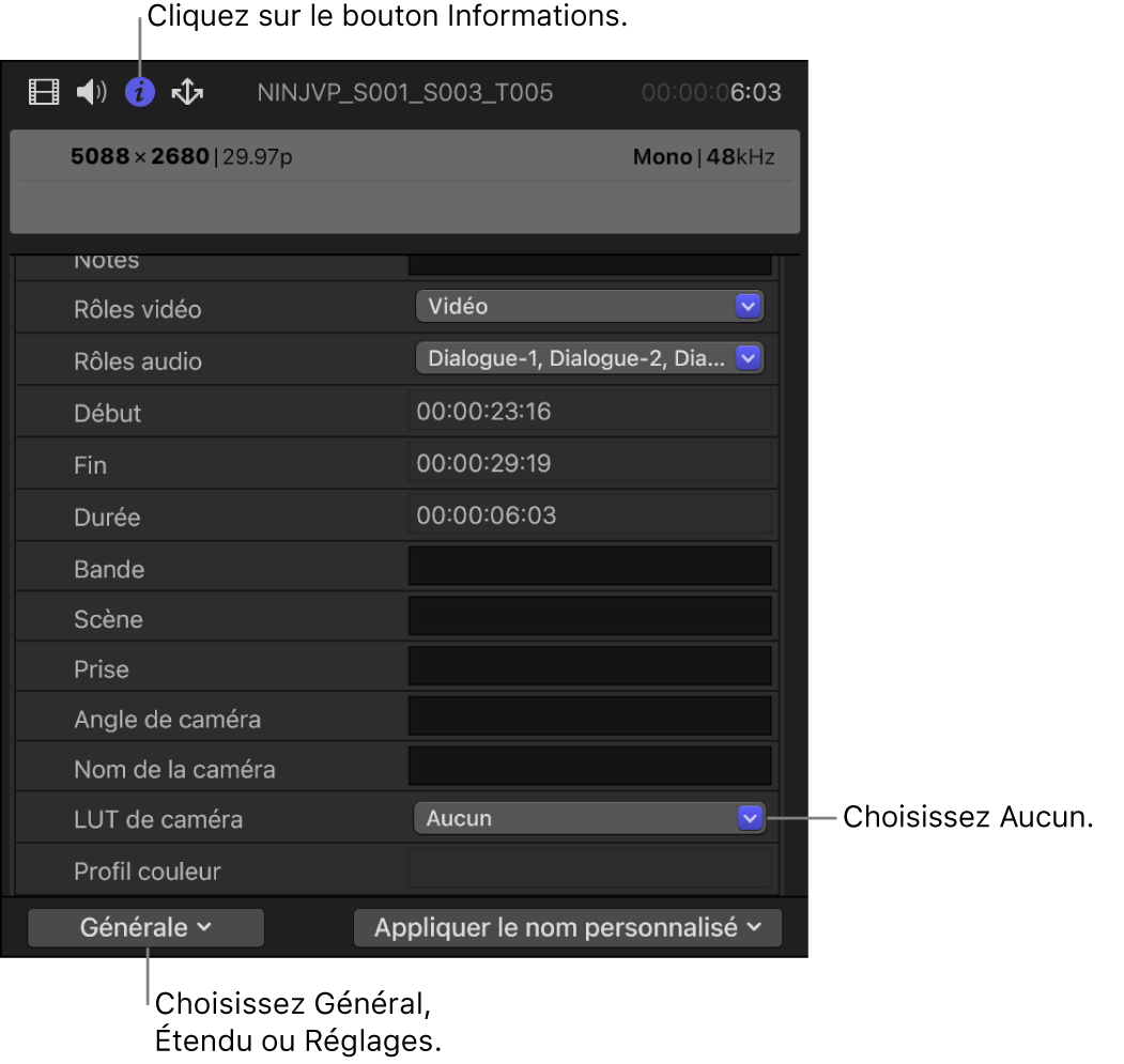 Inspecteur d’informations dans la présentation de métadonnées réglée sur Générale et la LUT de caméra réglée sur Aucune