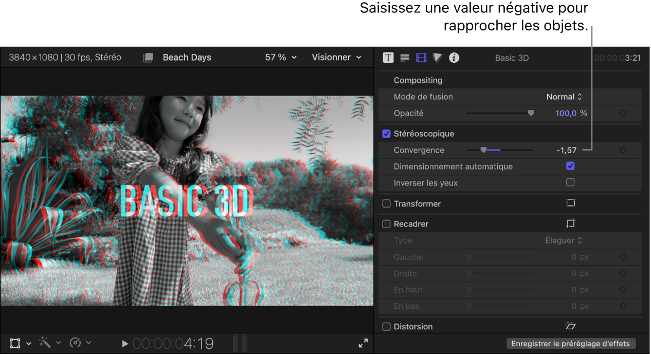 Le visualiseur affichant un plan stéréo et un titre 3D de base en présentation Anaglyphe monochrome et l’inspecteur montrant la commande Convergence réglée sur une valeur négative