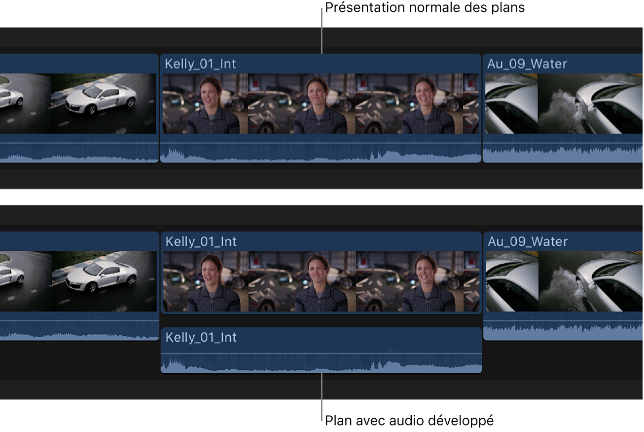 Plan affiché dans la timeline avant et après le développement de ses composants audio