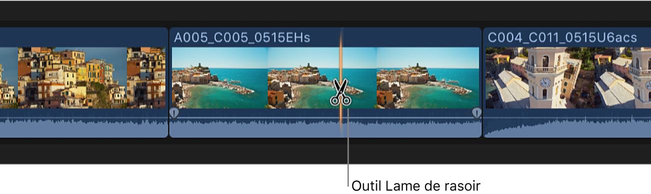 Coupe d’un plan dans la timeline à l’aide de l’outil Lame de rasoir