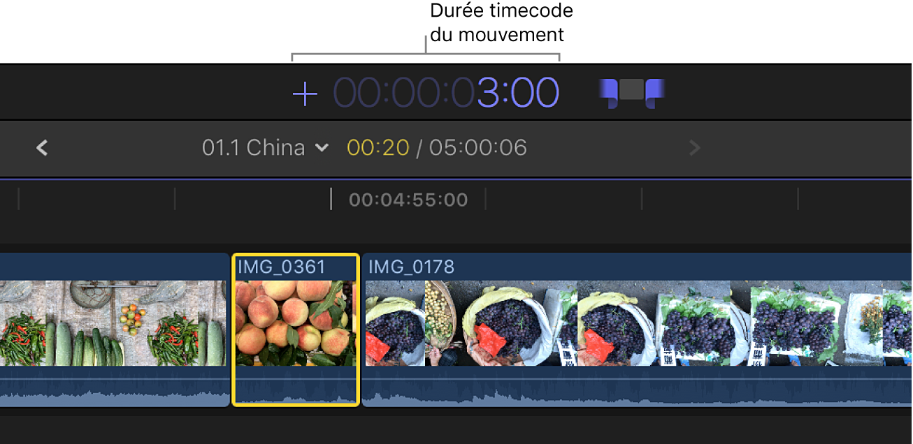 Zone d’affichage du timecode dans laquelle une durée de timecode a été saisie