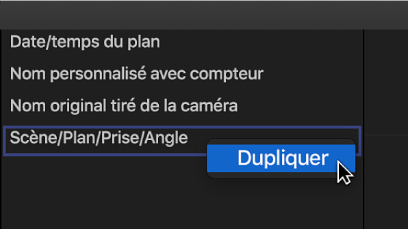 Duplication d’un préréglage dans la fenêtre « Préréglages d’attribution de nom »