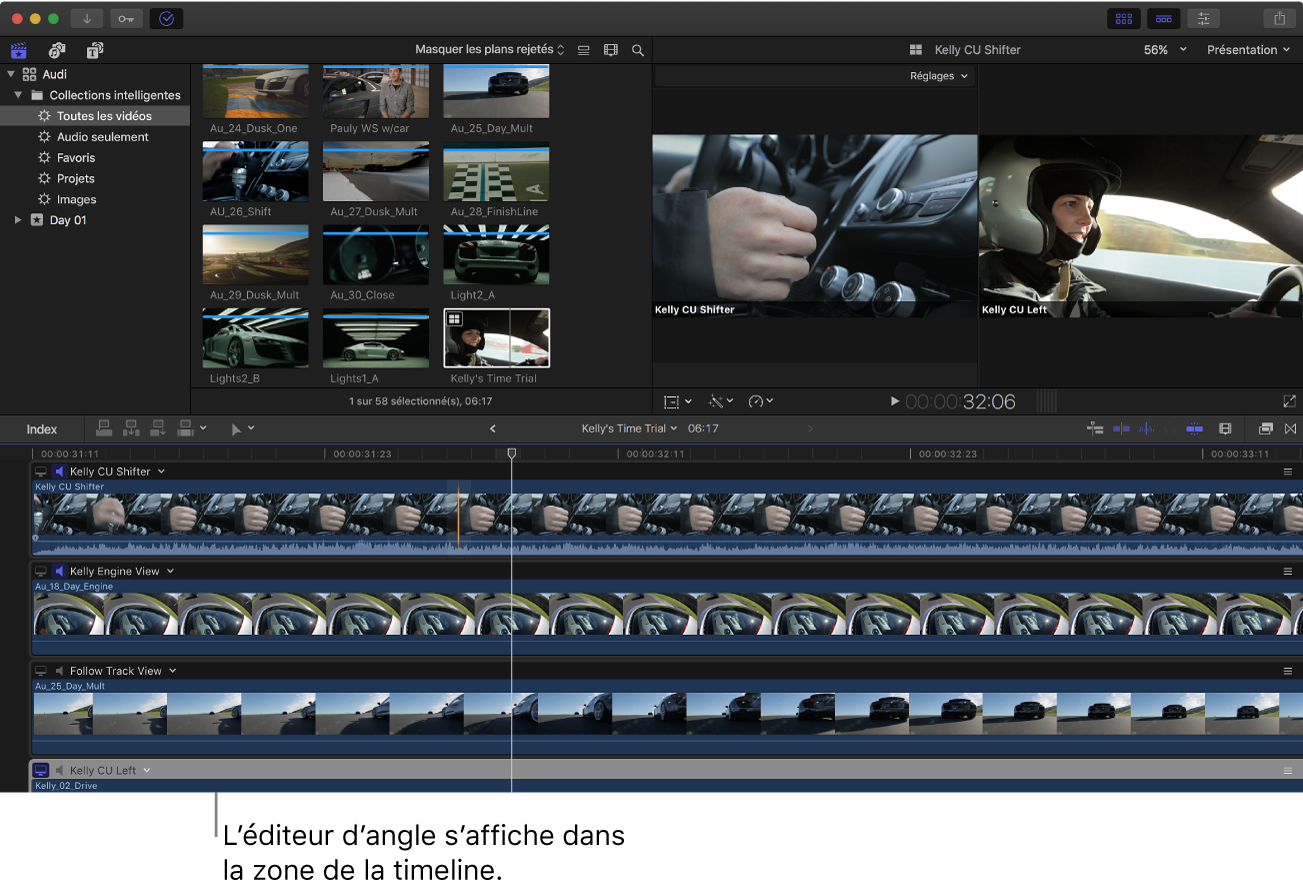 Fenêtre de Final Cut Pro avec l’éditeur d’angles affiché dans la zone de la timeline