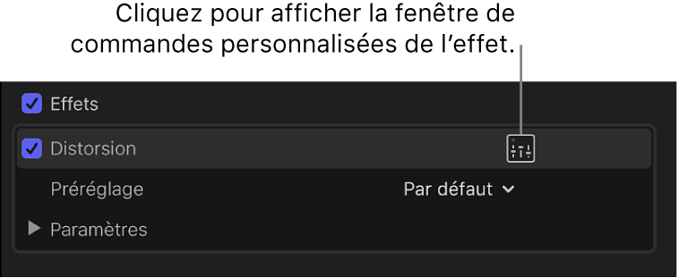 Section Effets de l’inspecteur audio avec le bouton Commandes permettant d’accéder à des commandes d’effet supplémentaires