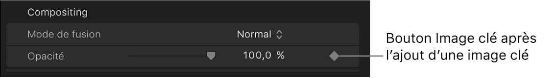 Bouton Image clé activé du paramètre Opacité dans l’inspecteur vidéo
