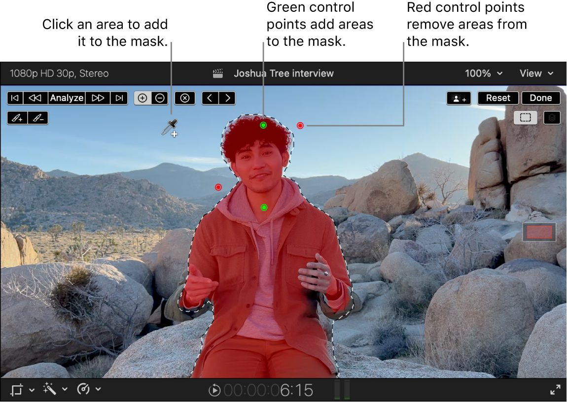 ビューア。前景にいる人物にマグネティックマスクが適用されて表示されています。加算スポイトがアクティブになっていて、緑と赤のコントロールポイントがマスクに追加される領域、またはマスクから取り除かれる領域を示しています。