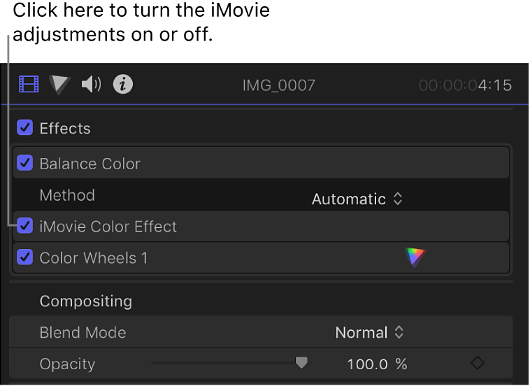 iMovie 색상 효과 체크상자를 보여주는 비디오 인스펙터의 효과 섹션