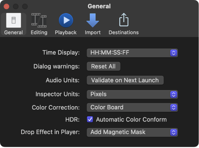 Final Cut Pro 설정 윈도우의 일반 패널