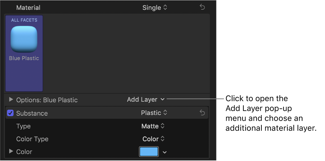 파란색 플라스틱이 선택된 텍스트 인스펙터 재질 섹션의 레이어 추가 팝업 메뉴