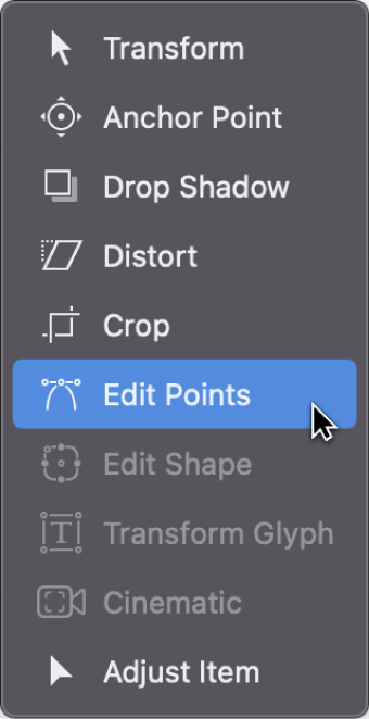 Auswählen des Werkzeugs „Punkte bearbeiten“ aus dem Einblendmenü für Transformationswerkzeuge in der Symbolleiste des Canvas