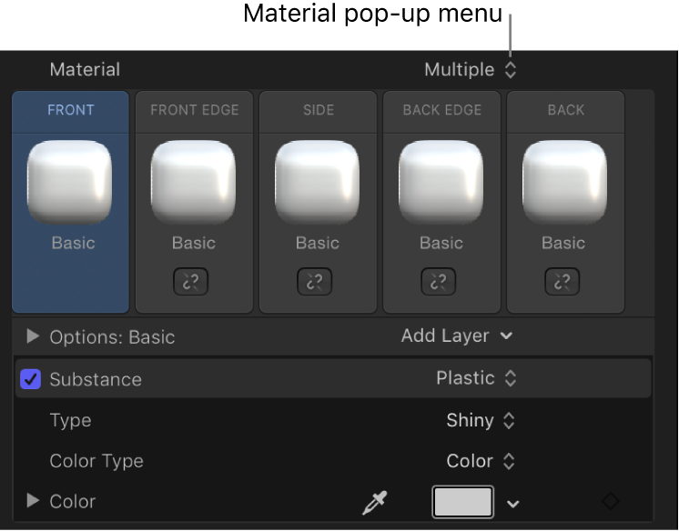 3D-Textinformationsfenster mit dem Einblendmenü „Material“ und der Option „Mehrfach“