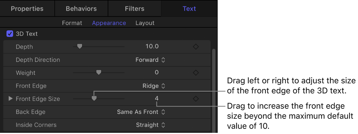 Front Edge parameters in the Appearance pane of the Text Inspector