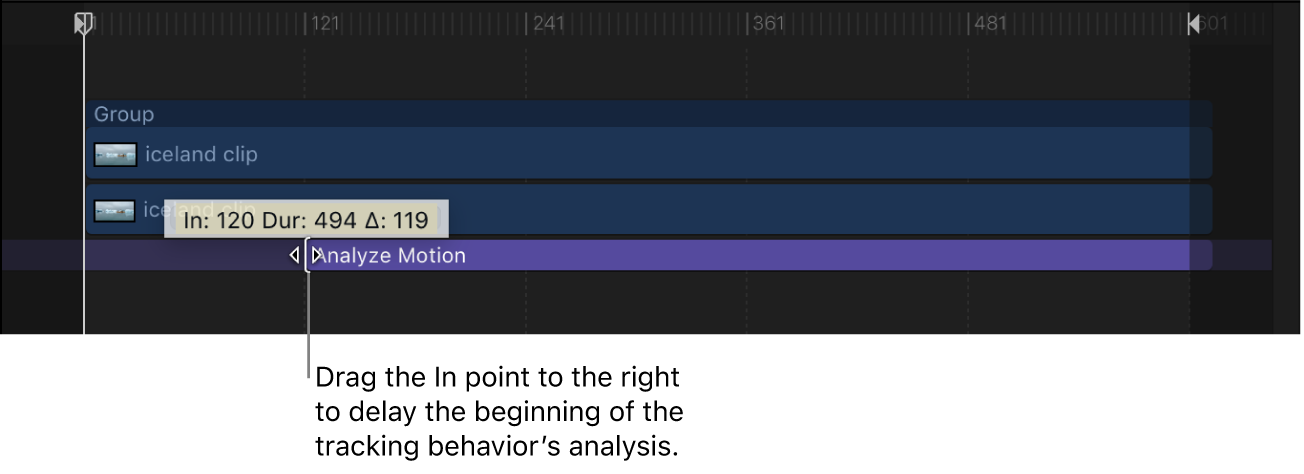 Adjusting the In point of a tracking behavior in the Timeline