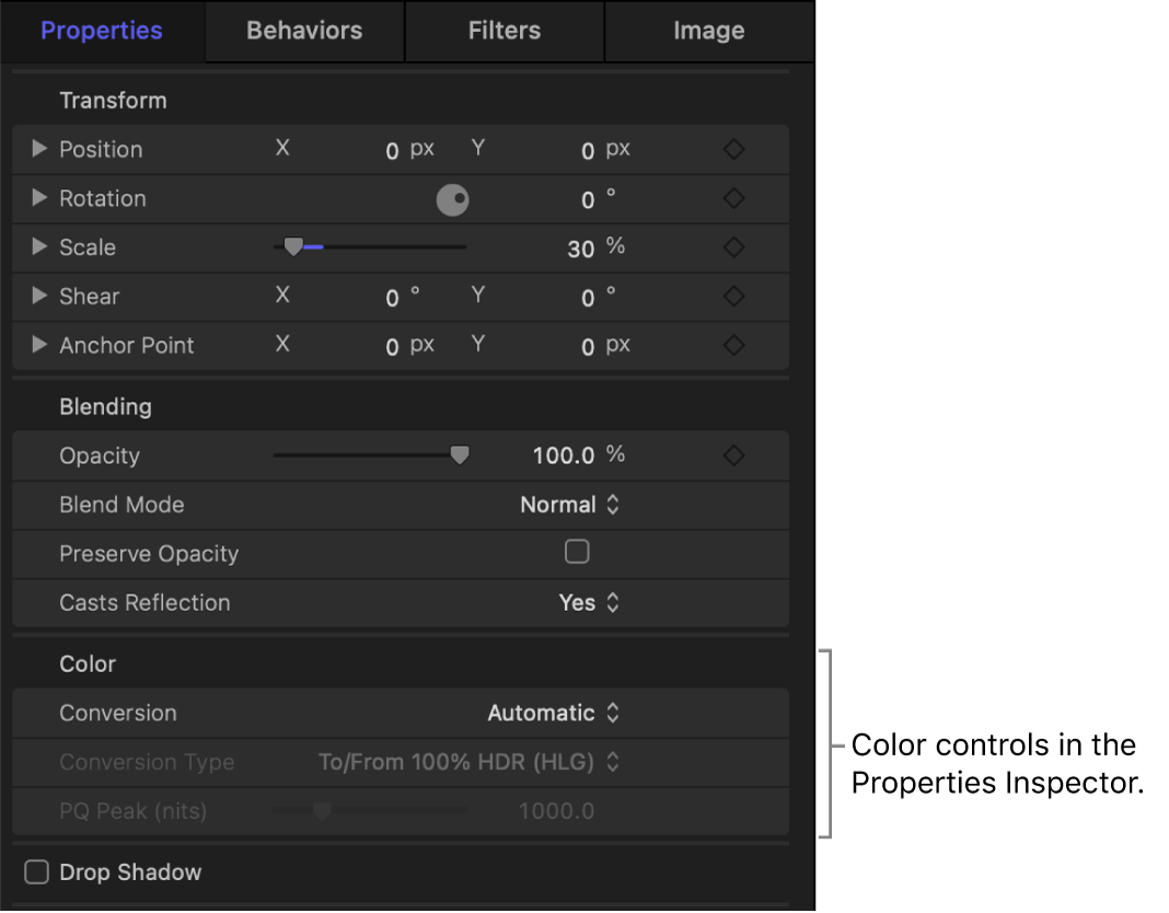 Properties Inspector showing the Color parameters in an Automatic project.