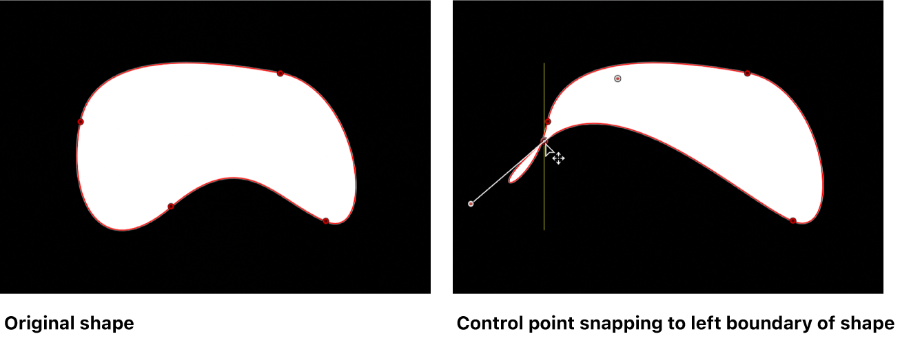 Canvas showing Bezier shape with a guide appearing when control point is aligned with another control point on same shape