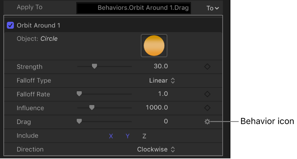 Behavior icon over the Keyframe button of affected parameter