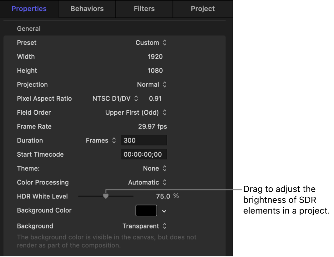 Project Properties Inspector showing HDR White Level slider.