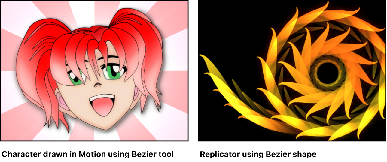 Examples: character drawn using Bezier tool; Replicator created using Bezier shape