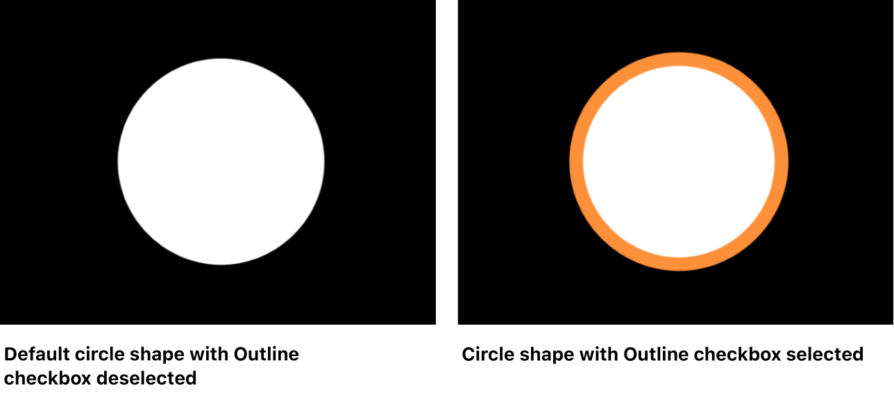 Canvas showing circle shape with and without Outline checkbox selected