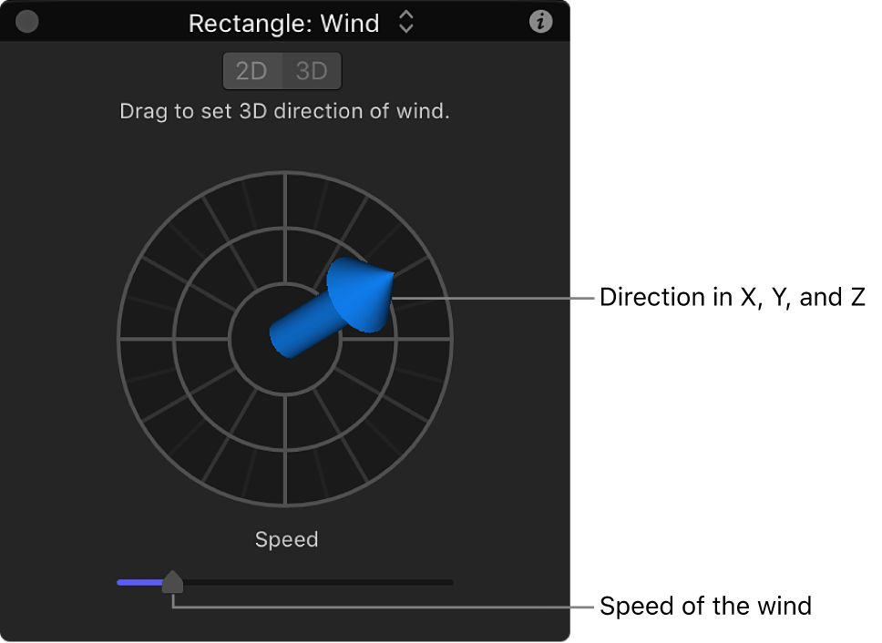 HUD showing special controls for Wind behavior in 3D mode