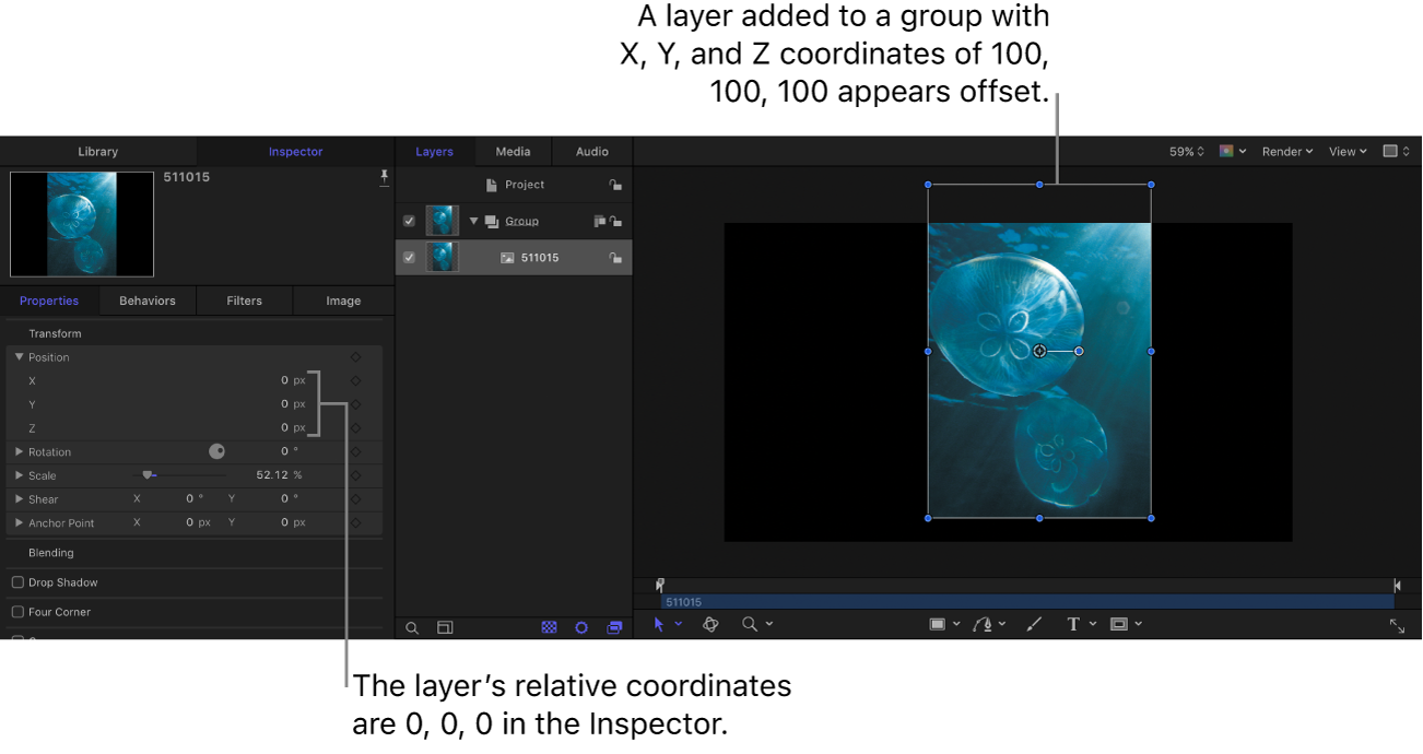 Canvas and Properties Inspector showing layer placed in group at X, Y, Z coordinates of 100, 100, 100; however, the layer’s coordinates are 0, 0, 0.