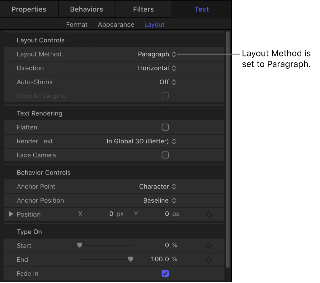 Layout Method pop-up menu set to Paragraph and active Margin controls, in Layout pane of Text Inspector