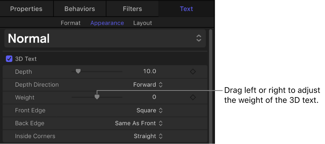 Appearance pane of the Text Inspector showing the Weight parameter