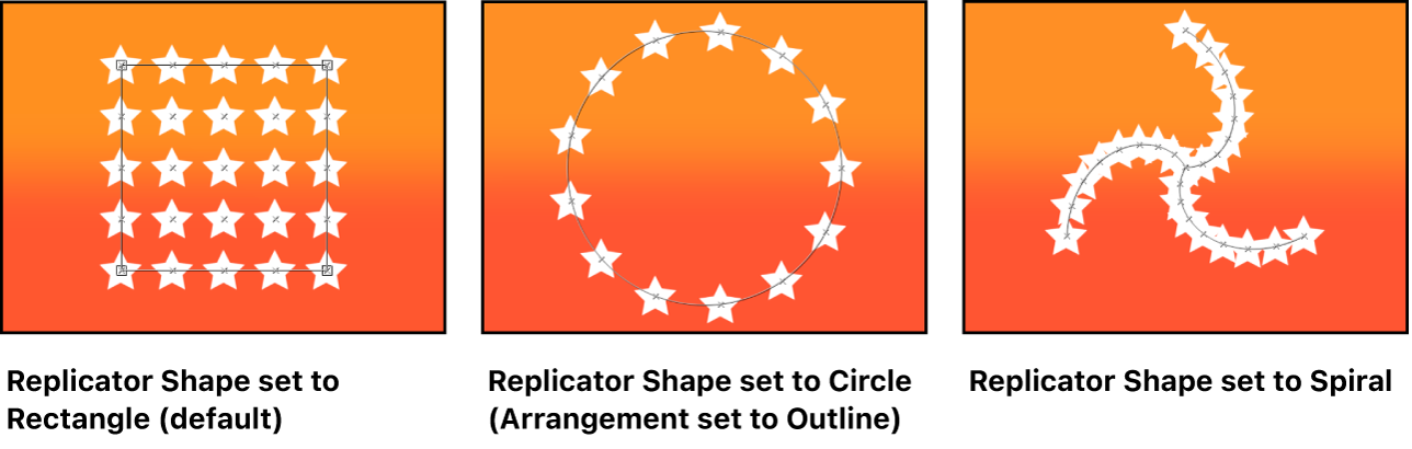 Canvas showing three different replicator shape options